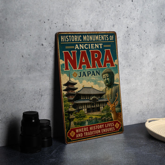 A vintage-style metal sign displaying the name of a historic monument in Japan, with a depiction of a temple and a Buddha statue.