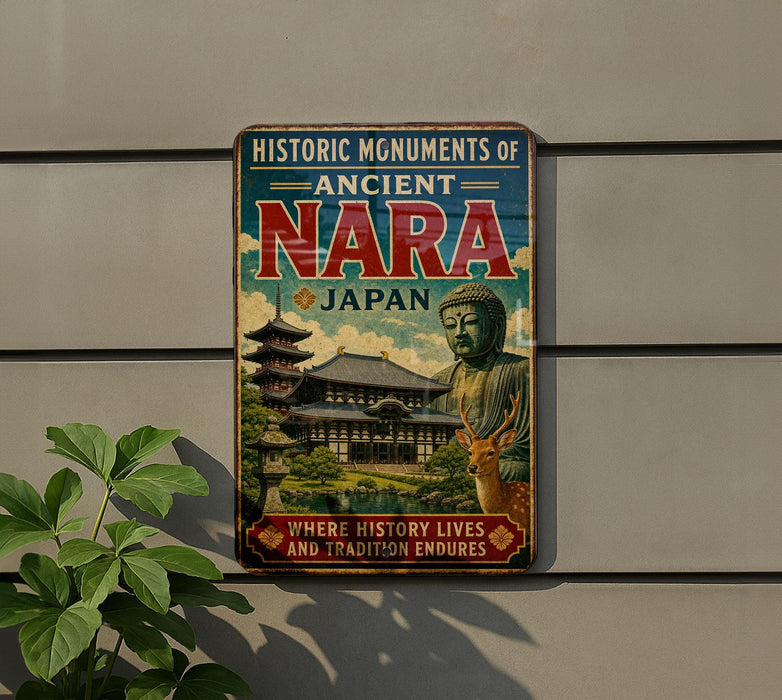 a vintage-style sign with the title "HistoricMGNUMENTS OF ANCIENT NARA JAPAN" and an illustration of a temple with a Buddha statue.