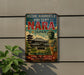 a vintage-style sign with the title "HistoricMGNUMENTS OF ANCIENT NARA JAPAN" and an illustration of a temple with a Buddha statue.