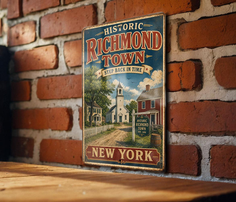 A vintage-style metal sign for Historic Richmond Town, featuring a brick wall and a sign for the historic town.
