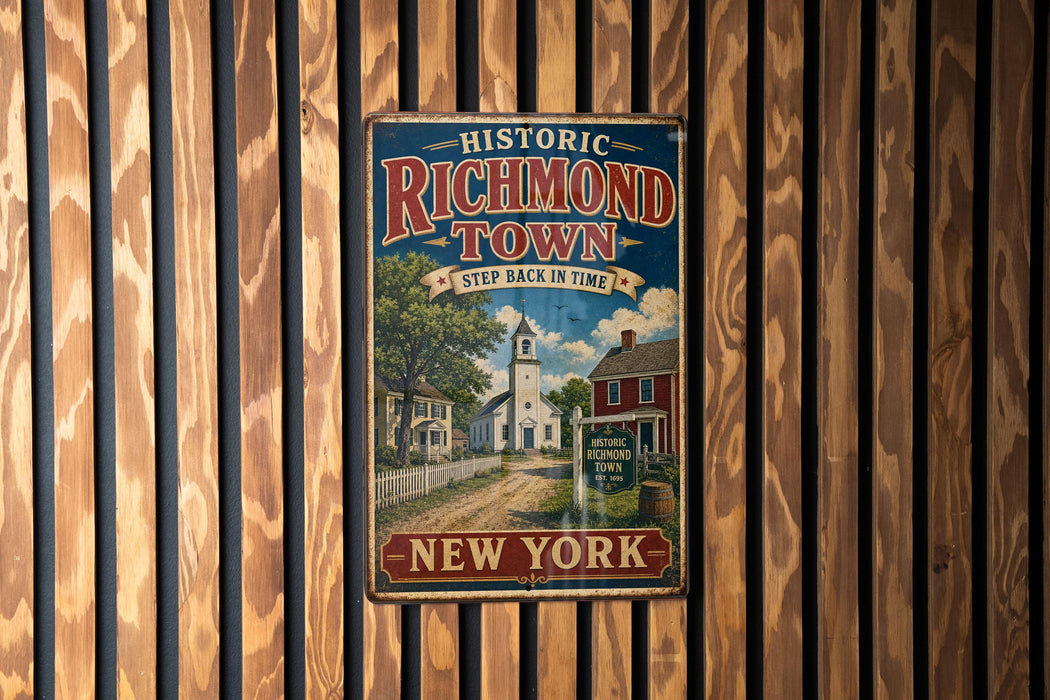 A vintage-style metal sign for Historic Richmond Town, featuring a scenic image of a small town with a church and a dirt road.