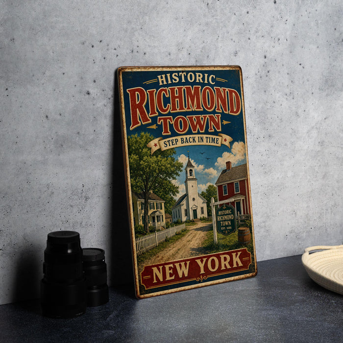 A vintage-style metal sign for Historic Richmond Town, featuring a scenic illustration of a town street and buildings, with the text "Historic Richmond Town" and "New York" prominently displayed.