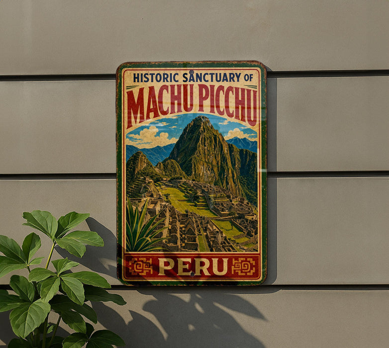 A vintage-style metal sign with the text "Historic Sanctuary of Machu Picchu" and "Peru" is displayed on a wall, with a plant to the left.