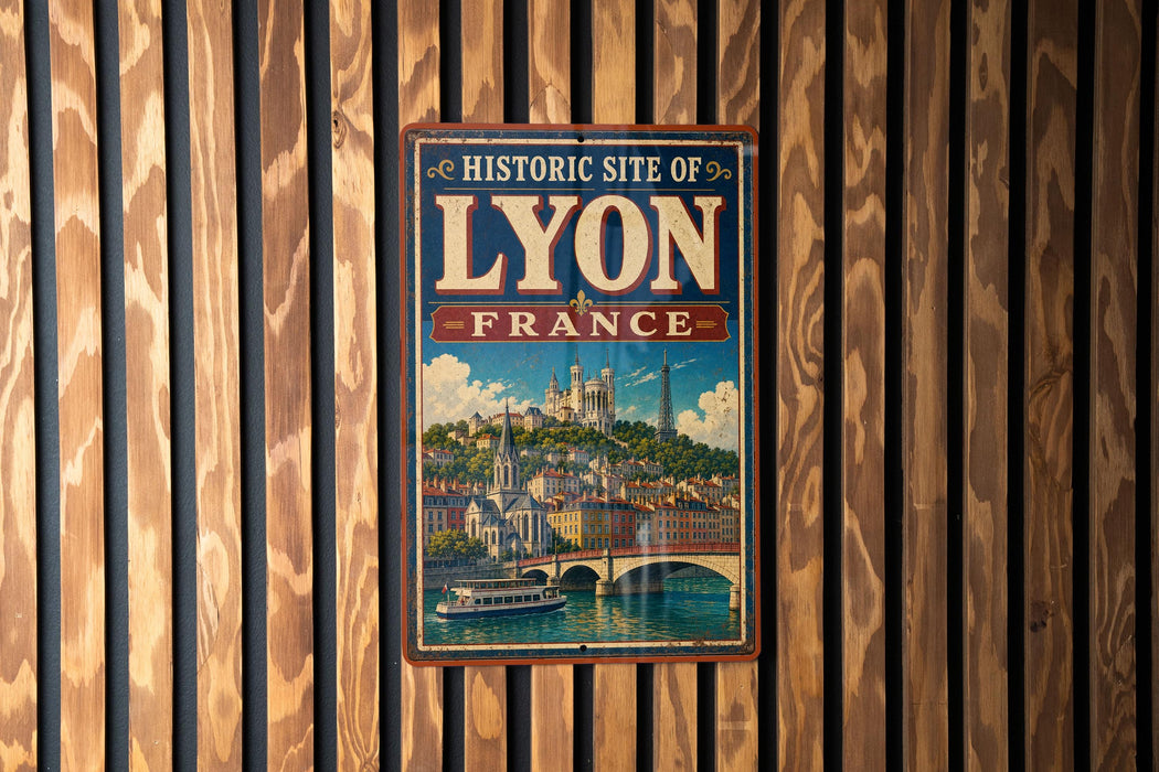 A vintage-style metal sign with the text "HISTORIC SITE OF LYON FRANCE" and an illustration of a cityscape with a river and a bridge.