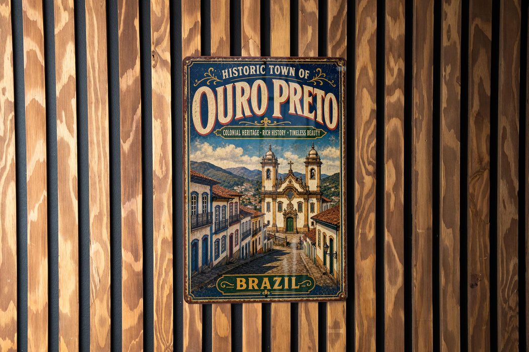 A vintage metal sign with the text "Historic Town of Oururo Preto" and an illustration of a historic town in Brazil.