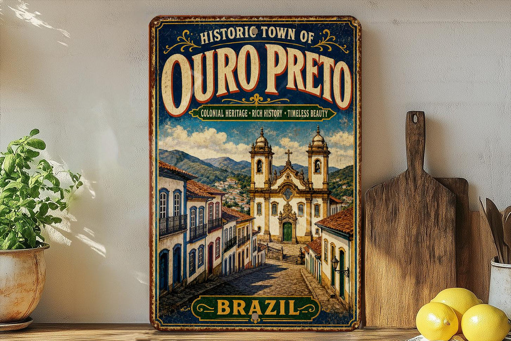 a vintage-style poster of a historic town of Ouro Preto, Brazil, with a church and other buildings depicted in a colorful and ornate illustration.