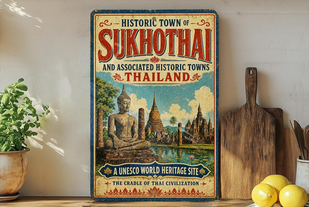 a vintage-style sign for the historic town of Sukhothai, Thailand, with a picture of Buddha and other historical buildings.