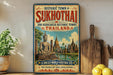 a vintage-style sign for the historic town of Sukhothai, Thailand, with a picture of Buddha and other historical buildings.
