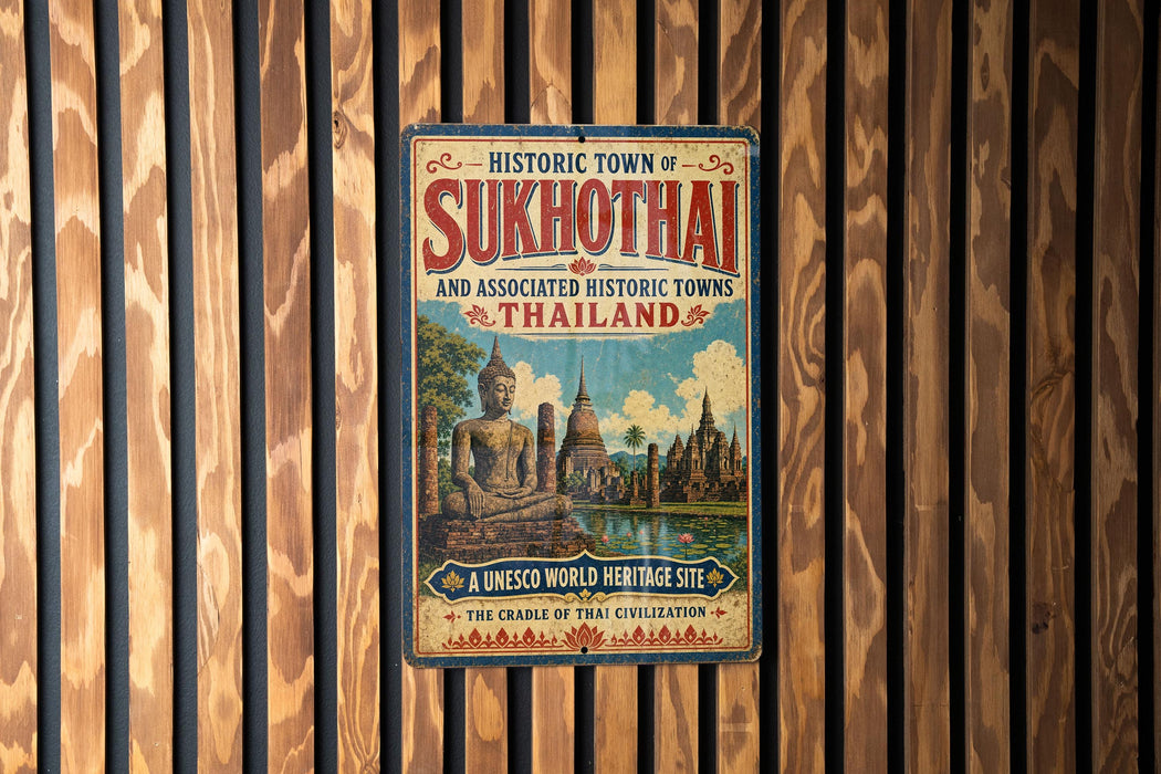 a vintage-style sign for the historic town of Sukhothai, Thailand, with a wooden fence in the background.