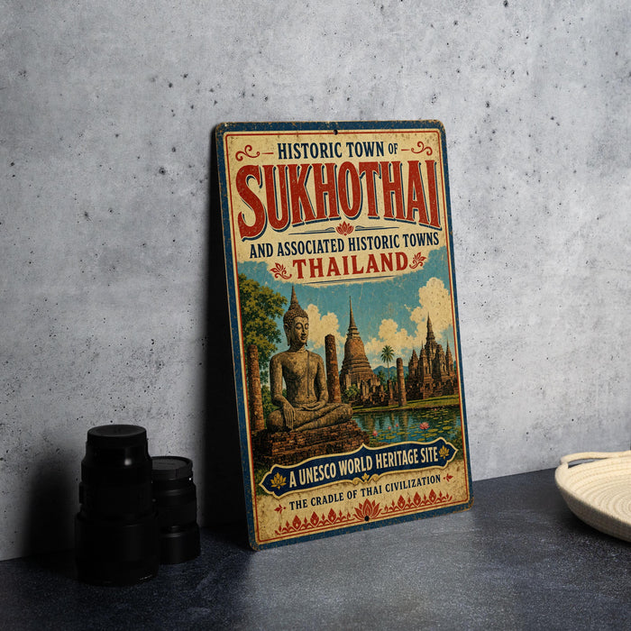 a vintage sign for the historic town of Sukhothai, Thailand, with a picture of Buddha and other historical buildings.