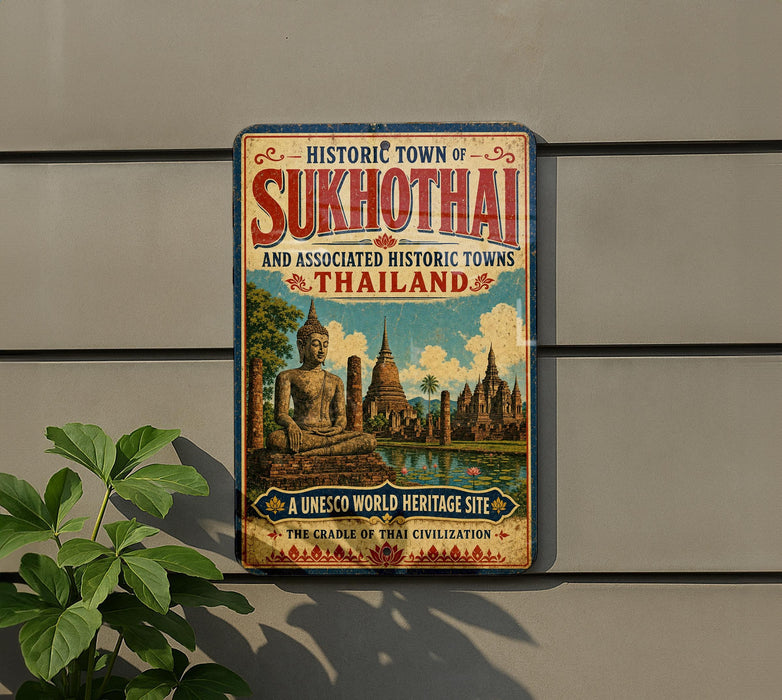 a vintage-style sign for the historic town of Sukhothai, Thailand, with a depiction of Buddha and other historical buildings.