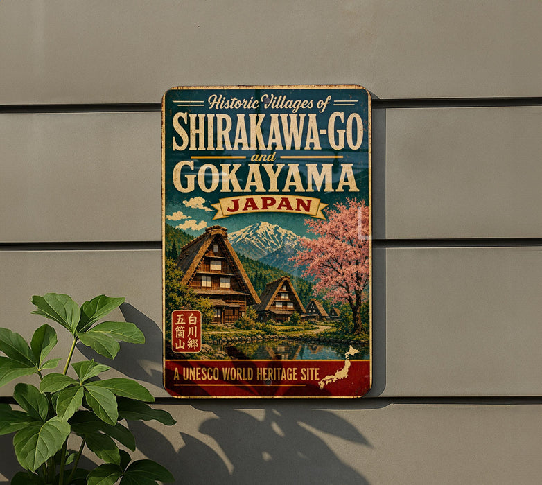 A vintage-style sign advertising the Historic Villages of Shirakawa-Go and Kokayama, Japan, with a scenic image of traditional Japanese houses and a mountain backdrop.