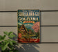 A vintage-style sign advertising the Historic Villages of Shirakawa-Go and Kokayama, Japan, with a scenic image of traditional Japanese houses and a mountain backdrop.