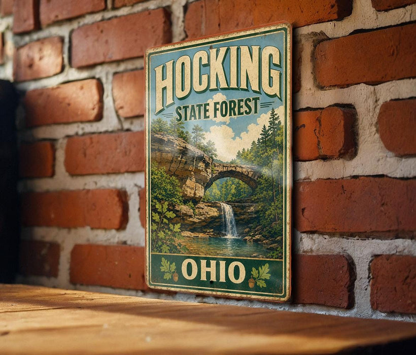 A vintage-style metal sign with the text "HOCKING STATE FOREST OHIO" is displayed on a brick wall.