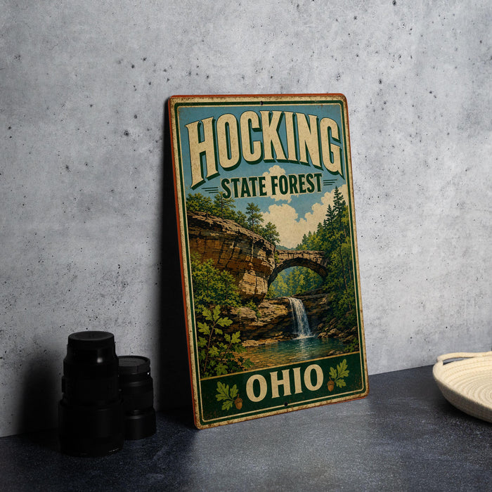 A vintage-style sign for Hocking State Forest in Ohio, featuring a scenic landscape with a waterfall and a bridge.