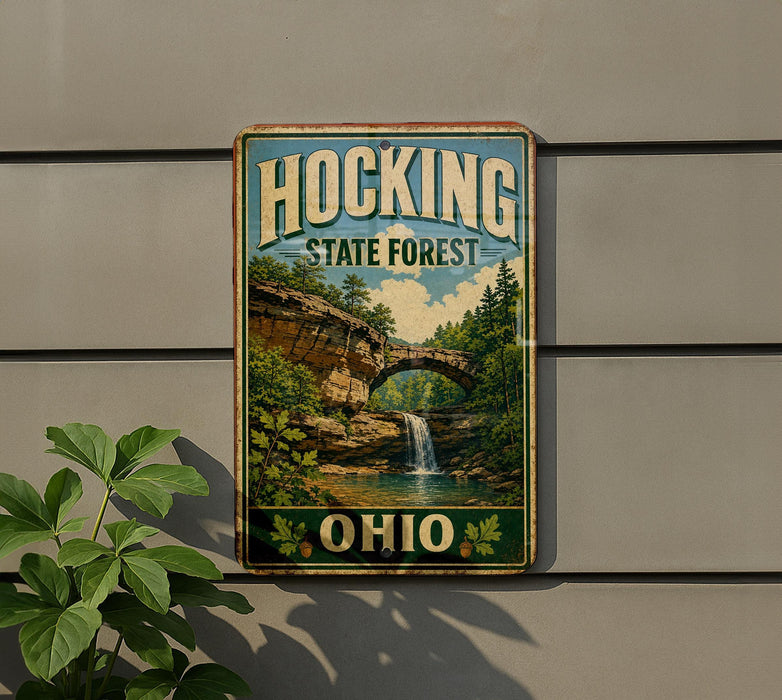 A vintage-style metal sign for Hocking State Forest in Ohio, featuring a scenic landscape with a waterfall and bridge.