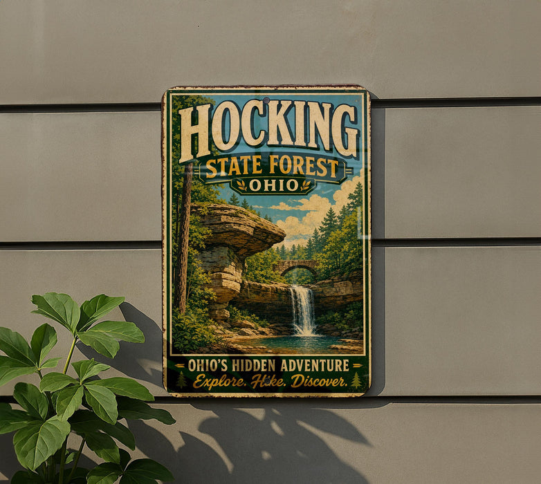 A vintage-style sign for Hocking State Forest in Ohio, featuring a scenic image of a waterfall and forest.
