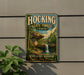 A vintage-style sign for Hocking State Forest in Ohio, featuring a scenic image of a waterfall and forest.