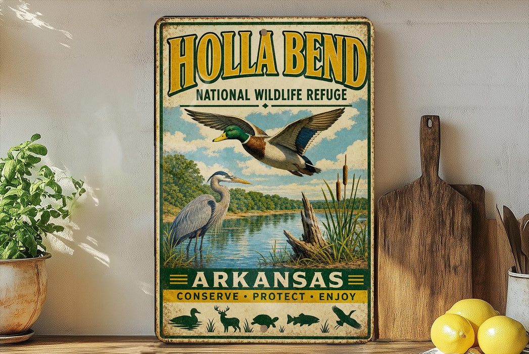 A vintage-style metal sign for Holla Bend National Wildlife Refuge in Arkansas, featuring an illustration of ducks and other wildlife in a natural setting.