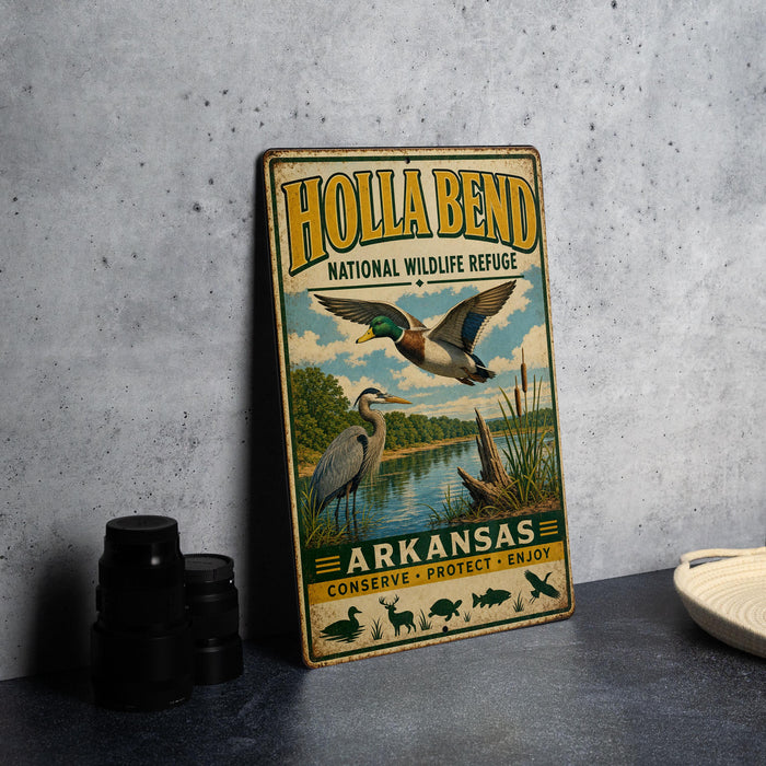 A vintage-style metal sign for Holla Bend National Wildlife Refuge in Arkansas, featuring illustrations of ducks and other wildlife.