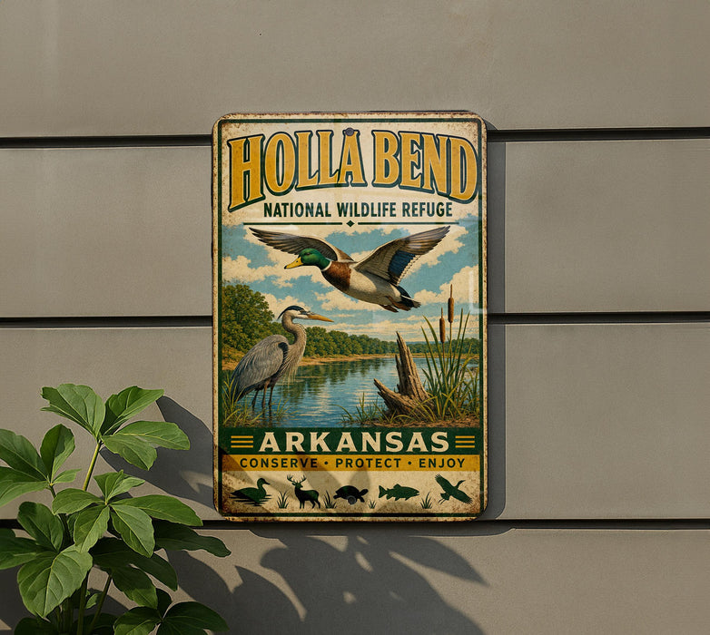 A vintage metal sign for the Holla Bend National Wildlife Refuge in Arkansas, featuring a bird illustration and text promoting conservation, protection, and enjoyment of the area.