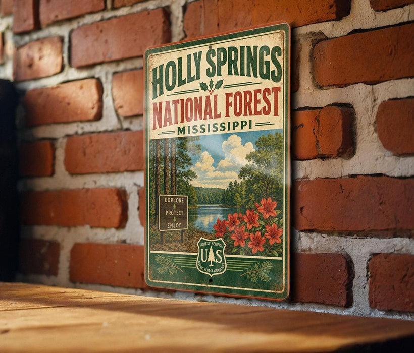 A vintage-style metal sign for the Holly Springs National Forest in Mississippi, featuring a scenic landscape with a lake, trees, and flowers.