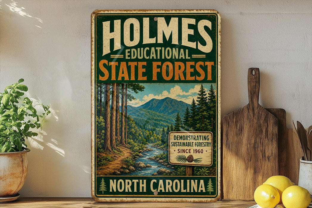 A vintage-style metal sign for Holmes State Forest in North Carolina, featuring a scenic illustration of a forest and mountains.