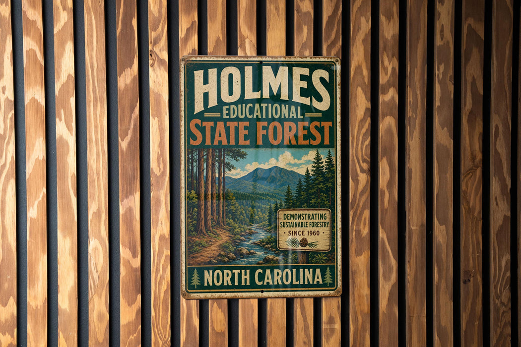A vintage metal sign for Holmes State Forest in North Carolina, featuring a scenic image of a forest with a mountain backdrop.