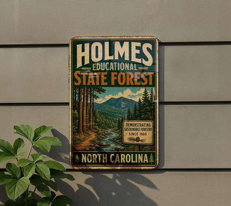 A vintage metal sign for the Holmes State Forest in North Carolina, featuring a scenic image of a forest and a river.