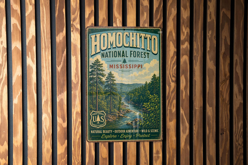 A vintage metal sign for the Homochito National Forest in Mississippi, featuring a scenic image of a forest and a river.
