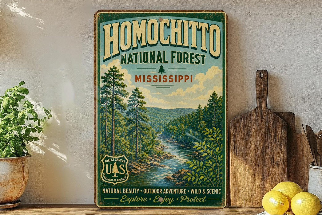 A vintage-style poster advertising the Homochito National Forest in Mississippi, featuring a scenic image of a forest and a river.