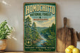 A vintage-style poster advertising the Homochito National Forest in Mississippi, featuring a scenic image of a forest and a river.