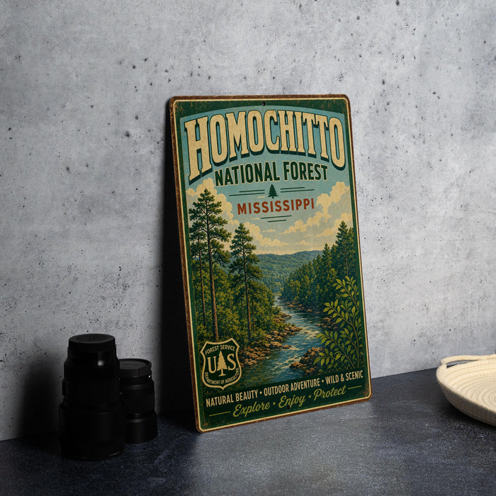 A vintage-style metal sign for the Homochito National Forest in Mississippi, featuring a scenic illustration of a forest and a river.