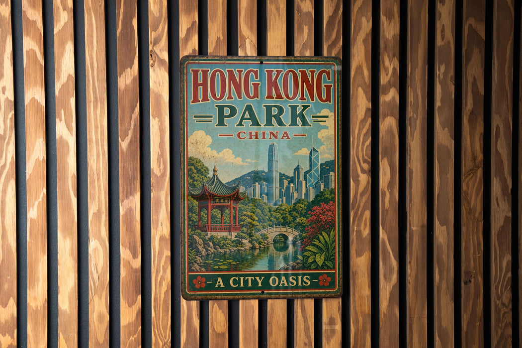 A vintage-style metal sign for Hong Kong Park, China, featuring a scenic illustration of the park and its surroundings.