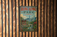 A vintage-style metal sign for Hong Kong Park, China, featuring a scenic illustration of the park and its surroundings.