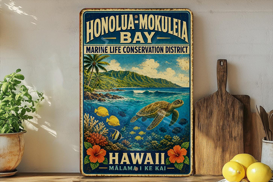 A vintage-style metal sign for Honolulu-Mokulele Bay, featuring a tropical beach scene with a sea turtle, palm trees, and colorful fish.