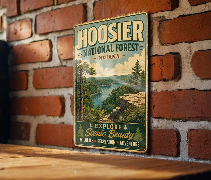 A vintage-style metal sign for Hoosier National Forest, Indiana, featuring a scenic landscape with a river and mountains.