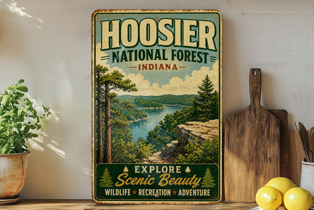 A vintage-style sign for Hoosier National Forest in Indiana, featuring a scenic landscape with a river and forest.