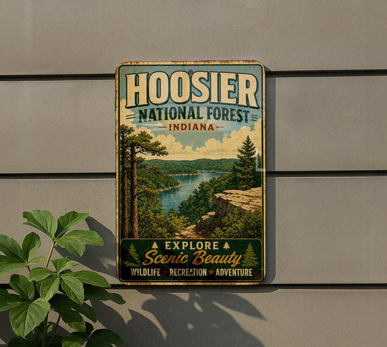 A vintage-style sign for Hoosier National Forest, Indiana, featuring a scenic landscape with a lake and mountains.