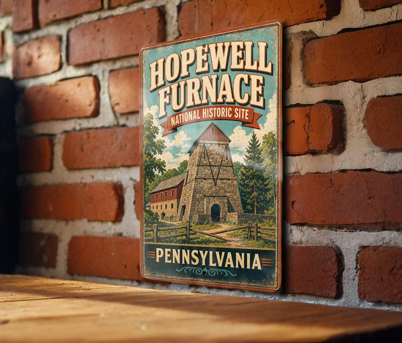 A vintage-style metal sign for the Hopewell Furnace National Historic Site in Pennsylvania, featuring an illustration of a stone building with a chimney.