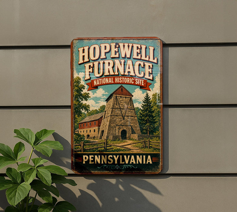 A vintage-style sign for the Hopewell Furnace National Historic Site in Pennsylvania, featuring an illustration of a stone building with a tower.
