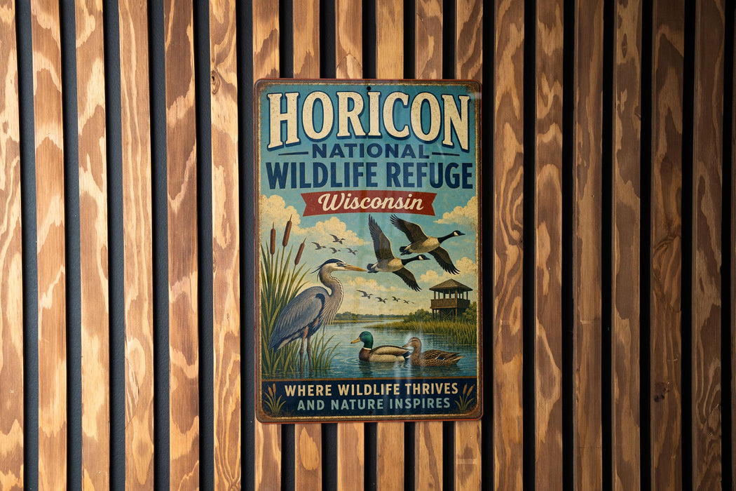 A vintage metal sign for the Horizon National Wildlife Refuge in Wisconsin, featuring a serene landscape with ducks and geese in flight.