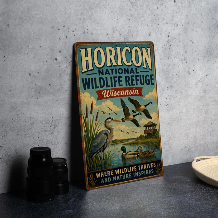 A vintage-style metal sign for the Horizon National Wildlife Refuge in Wisconsin, featuring illustrations of birds and wildlife in a natural setting.
