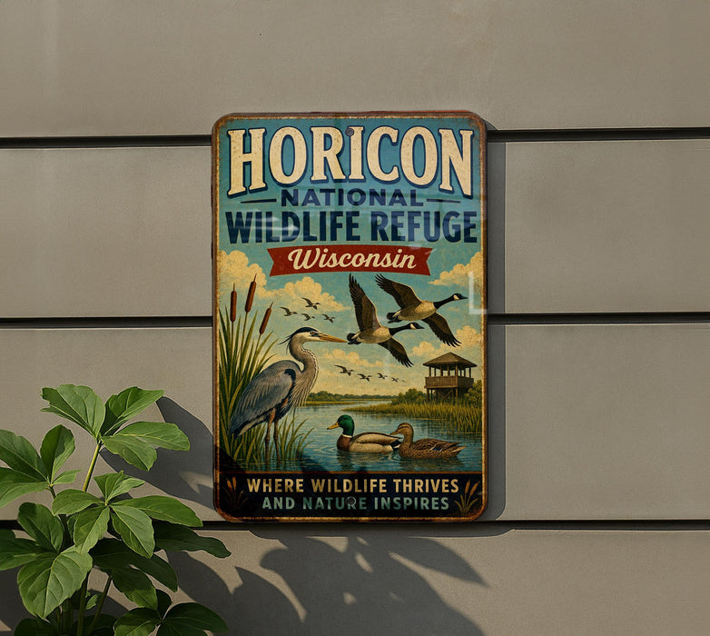 A vintage-style metal sign for the Horizon National Wildlife Refuge in Wisconsin, featuring illustrations of various birds and wildlife in a natural setting.