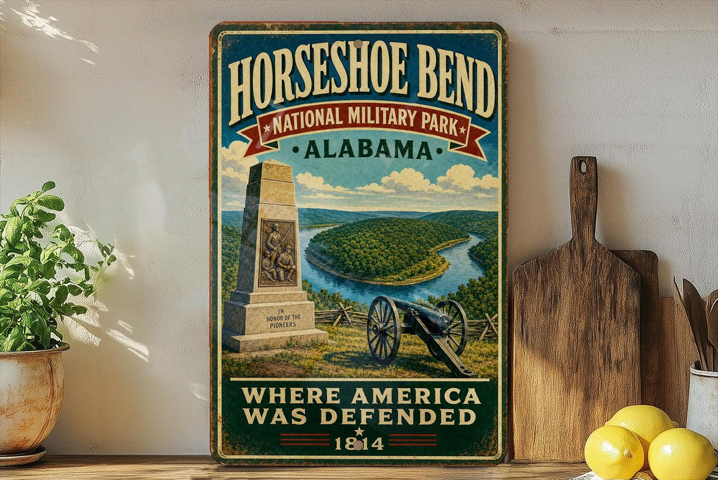 A vintage-style metal sign for Horseshoe Bend National Military Park in Alabama, featuring a cannon and a scenic landscape.