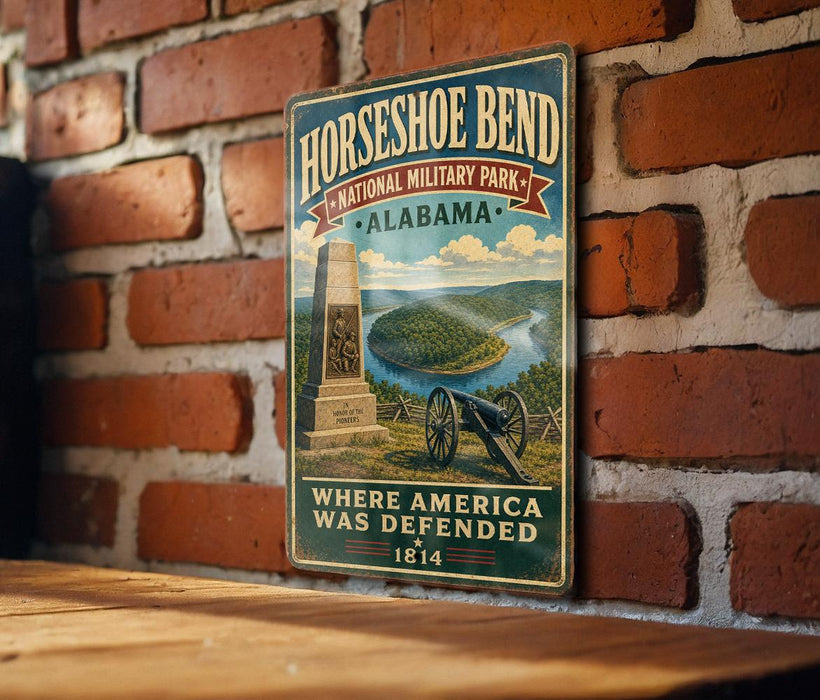 A vintage metal sign for Horseshoe Bend National Military Park in Alabama, featuring a cannon and a scenic landscape.