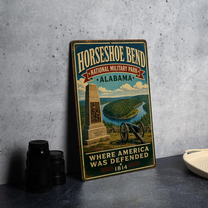 A vintage metal sign for Horseshoe Bend National Military Park in Alabama, featuring a cannon and a monument, with the text "Horseshoe Bend NATIONAL MILITARY PARK - ALABAMA - WHERE AMERICA WAS DEFENDED 1814".