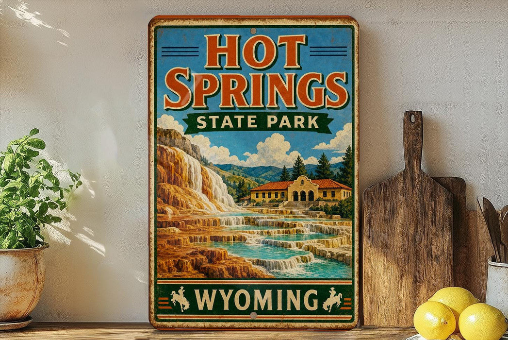 A vintage-style sign for Hot Springs State Park in Wyoming, featuring a scenic illustration of the park's natural beauty.