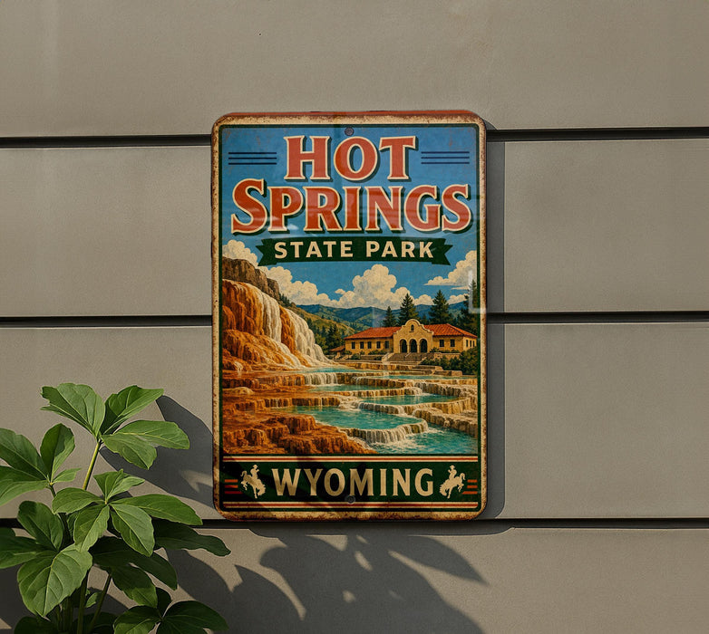 A vintage-style sign for Hot Springs State Park in Wyoming, featuring a scenic illustration of the park's natural beauty.