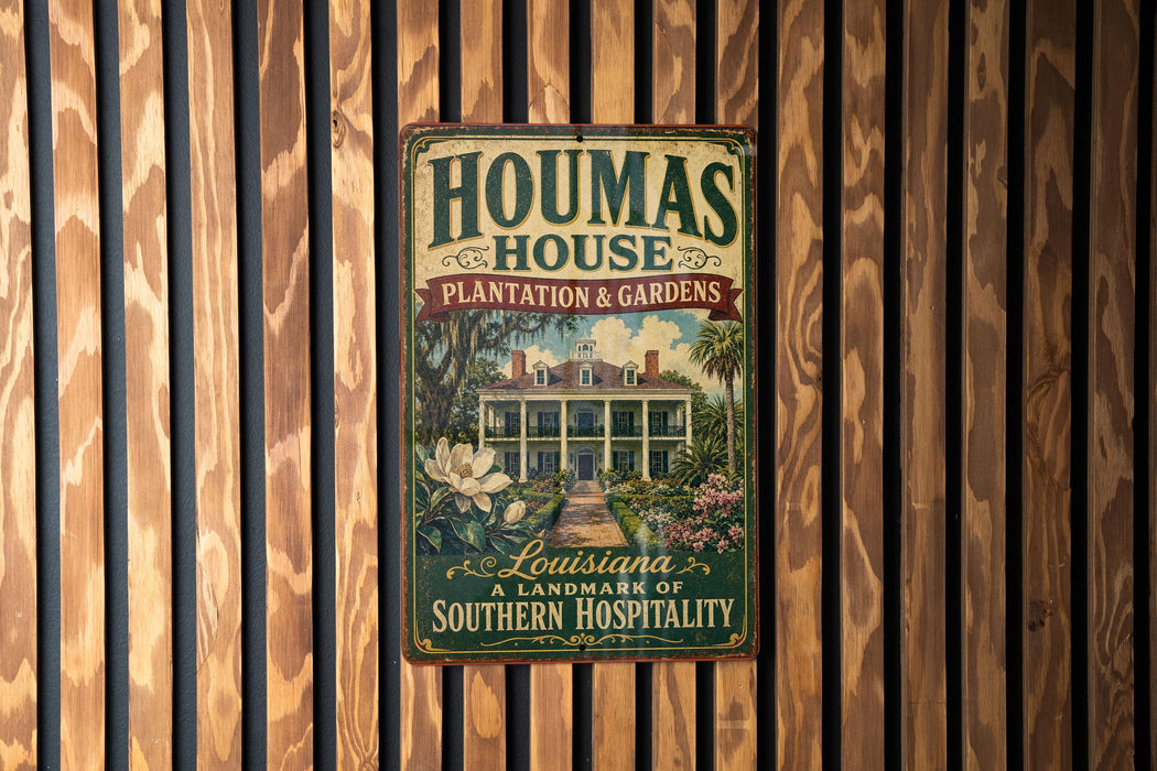 A vintage-style metal sign for Houmas House, a landmark in Louisiana, is displayed on a wooden wall.